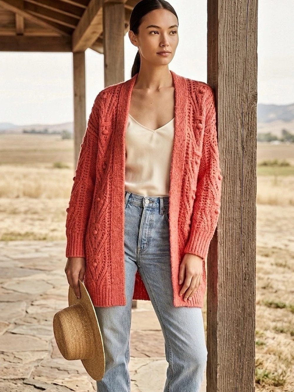 Anthropologie Open Front Cable Knit Cardigan in Pink Size Small